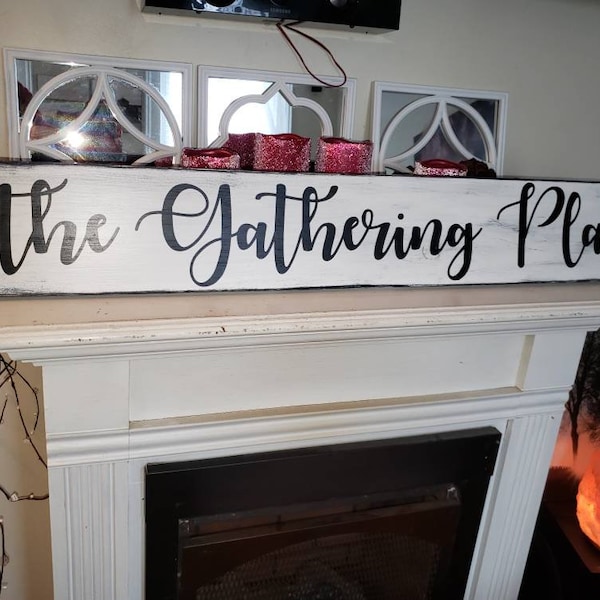 The Gathering Place Sign 8 x 48 Distressed Rustic Wood Extra Large Wall Hanging Primitive Farmhouse Decor Gather Kitchen Decor Family Sign