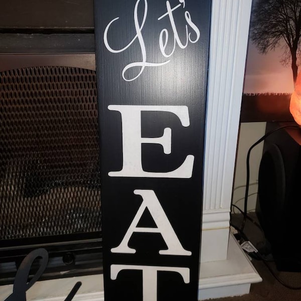 Let's EAT Wood Sign Kitchen Sign Rustic Primitive Farmhouse Decor Fixer Upper Sign Large Vertical Wall Hanging Housewarming Gift Distressed