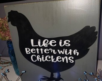 Life is Better with Chickens Sign Distressed Wood Sign Rooster Chicken Kitchen Decor Rustic Primitive Farmhouse Wall Hanging Chicken Coop