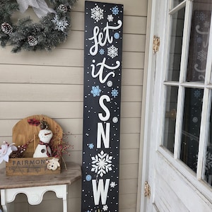 Let it Snow (Deixe Nevar) - Placa de Madeira Reversível Extra Grande 10 x 60 para Entrada - Decoração de Inverno, Decoração de Natal - Flocos de Neve - Boas-vindas