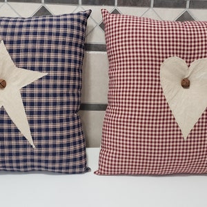 Primitive Pillow 16&quot; Square Homespun Pillow Prim Star Heart Rusty Bell Decorative Farmhouse Primitive Porch Throw Pillow Muslin Tea Stained