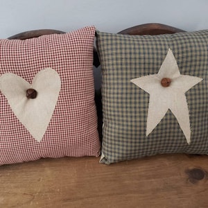 Primitive Pillow Prim Star Heart Rusty Bell Decorative Throw Pillow Rustic Primitive Porch Muslin Tea Stained Homespun Farmhouse Red Blue