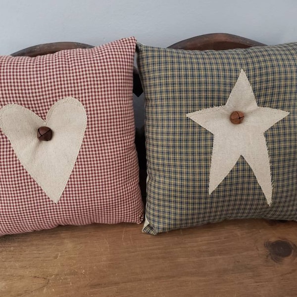 Primitive Pillow Prim Star Heart Rusty Bell Decorative Throw Pillow Rustic Primitive Porch Muslin Tea Stained Homespun Farmhouse Red Blue