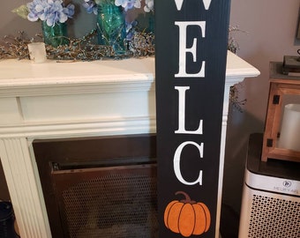 Letrero de bienvenida para porche con decoración de calabaza otoñal, letrero de entrada de madera rústica extragrande, letrero reversible de bienvenida para otoño, Halloween