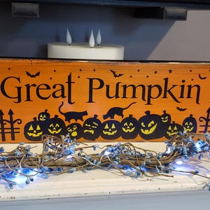 The Great Pumpkin Patch Wood Sign Halloween Sign Primitive Distressed Wood Rustic Fall Decor Graveyard Black Cat Wall Hanging Bats Pumpkins