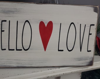 Hello Love Sign Valentine's Day Sign Wall Art Valentine Farmhouse Decor Love Gift Heart Decor Gift for Him Gift for Her Bedroom Sign Love