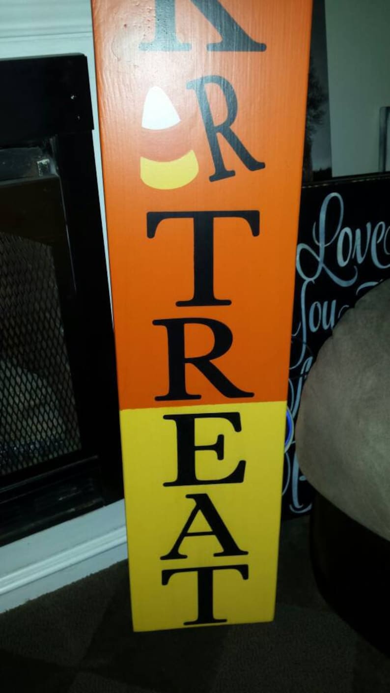 Trick or Treat Sign Halloween Candy Corn Porch Sign Reversible Entryway ...
