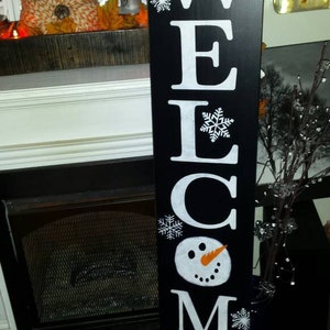 Welcome Snowman Sign 10x48 Horizontal Entryway Wood Sign Extra Large Winter Decor Christmas Decoration Snowflakes Snowman Sign Welcome Sign image 8