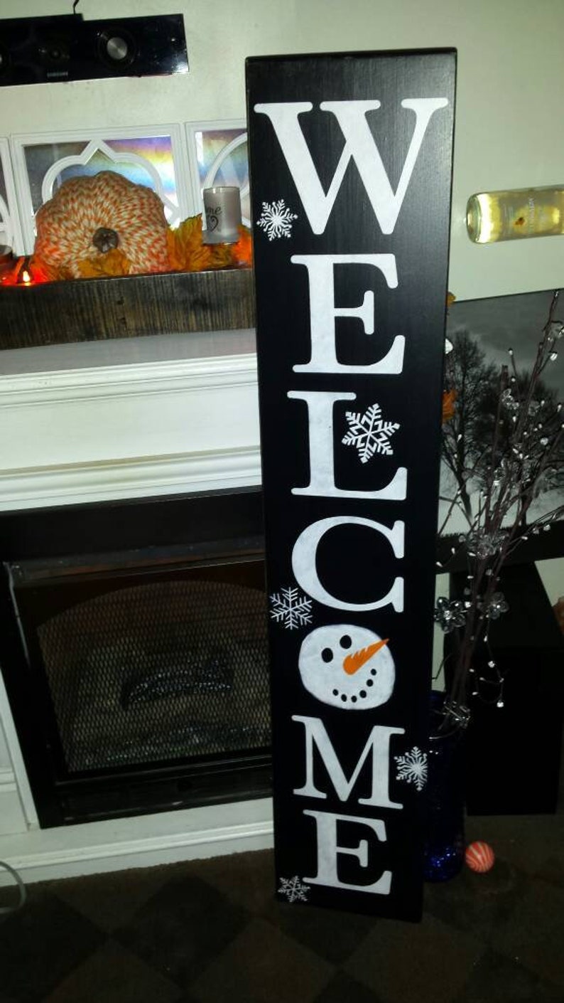 Welcome Snowman Sign 10x48 Horizontal Entryway Wood Sign Extra Large Winter Decor Christmas Decoration Snowflakes Snowman Sign Welcome Sign image 8