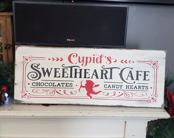 Sweetheart Cafe Sign Love Sign Heart Sign Cupid Decor Kitchen Sign Gift for her Modern Farmhouse Valentine Decor Handpainted Homemade Gift