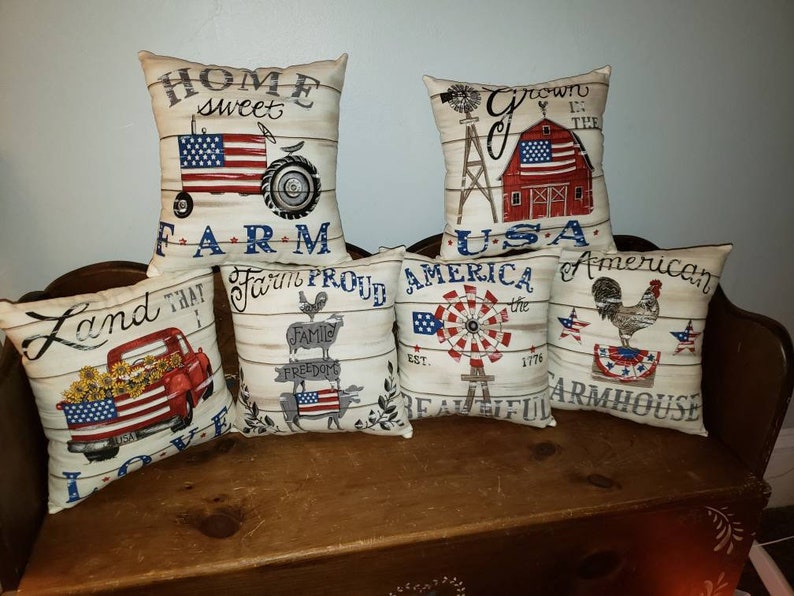 Americana Farmhouse Pillow Rustic Patriotic Decor Primitive Muslin Porch Decorative Throw Farm Rooster Barn Windmill Cow Truck