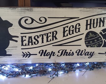 Easter Egg Hunt Hop This Way Sign Easter Sign Wall Hanging Bunny Wall Art Modern Farmhouse Gift for her Rabbit Decor Gift