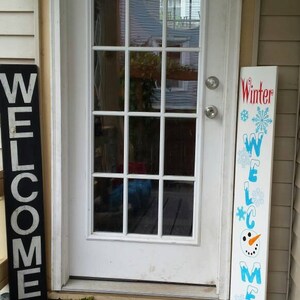 Welcome Snowman Porch Sign Reversible Entryway Wood Sign Extra Large Front Door Sign Winter Decor Christmas Decoration Snowflakes Snowman image 9