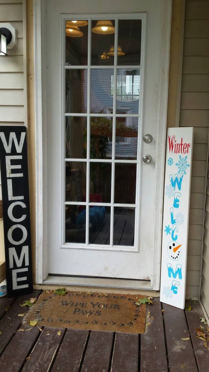 Welcome Snowman Porch Sign Reversible Entryway Wood Sign Extra Large Front Door Sign Winter Decor Christmas Decoration Snowflakes Snowman image 9