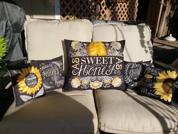 Bee Pillows Black Primitive Porch Throw Pillow Sweet as Honey Bee Grateful  Positive Words Small Sunflower Porch Pillow Extra Large 19 X 21 