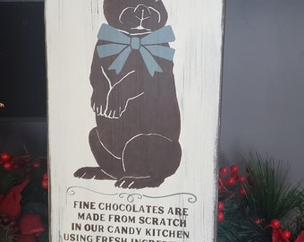 Easter Porch Sign Vintage Hare Chocolate Co Easter Sign Bunny Wall Art Modern Farmhouse Gift for her Rabbit Decor Primitive Decor Haindpaint