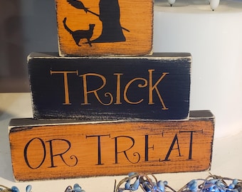 Trick or Treat Sign Halloween Block Set Mini Shelf Sitter Tiered Tray Decor Witch Decor Trick or Treater Block Stack Primitive Halloween