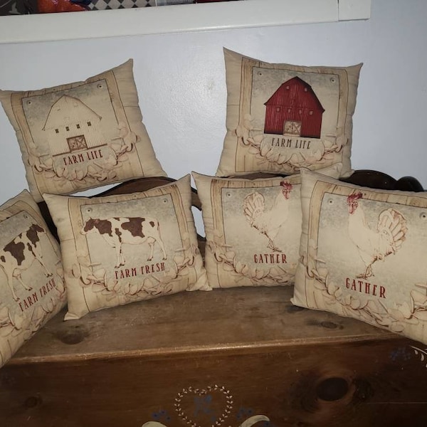 Farmhouse Pillow Rustic Tea Stained Muslin Primitive Porch Throw Pillow Farmstead Home Grown Rooster Gather Barn Cow Farm Fresh Primitive