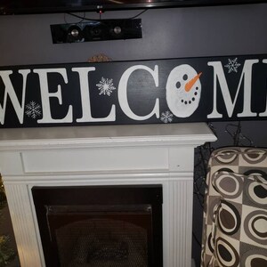 Welcome Snowman Sign 10x48 Horizontal Entryway Wood Sign Extra Large Winter Decor Christmas Decoration Snowflakes Snowman Sign Welcome Sign image 6