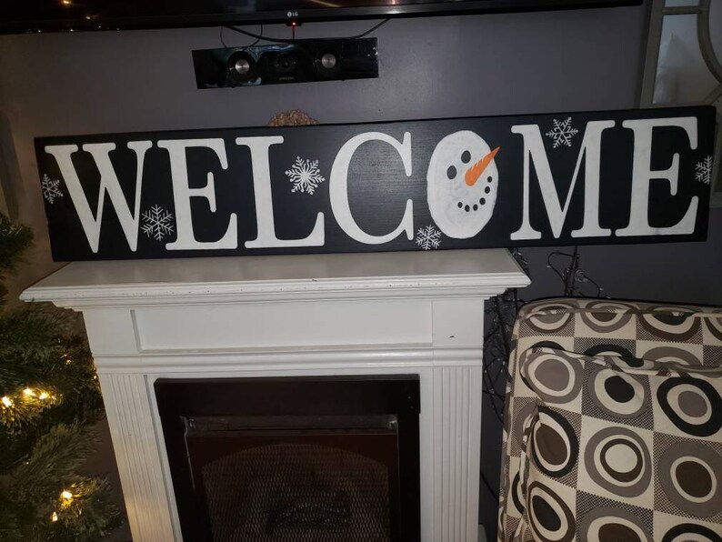 Welcome Snowman Sign 10x48 Horizontal Entryway Wood Sign Extra Large Winter Decor Christmas Decoration Snowflakes Snowman Sign Welcome Sign image 6