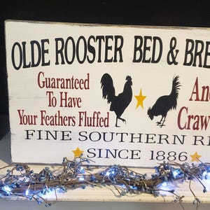 Rooster Farmhouse Sign Large Distressed Wood Sign Wall Hanging Primitive Decor Olde Rooster Bed & Breakfast Fixer Upper