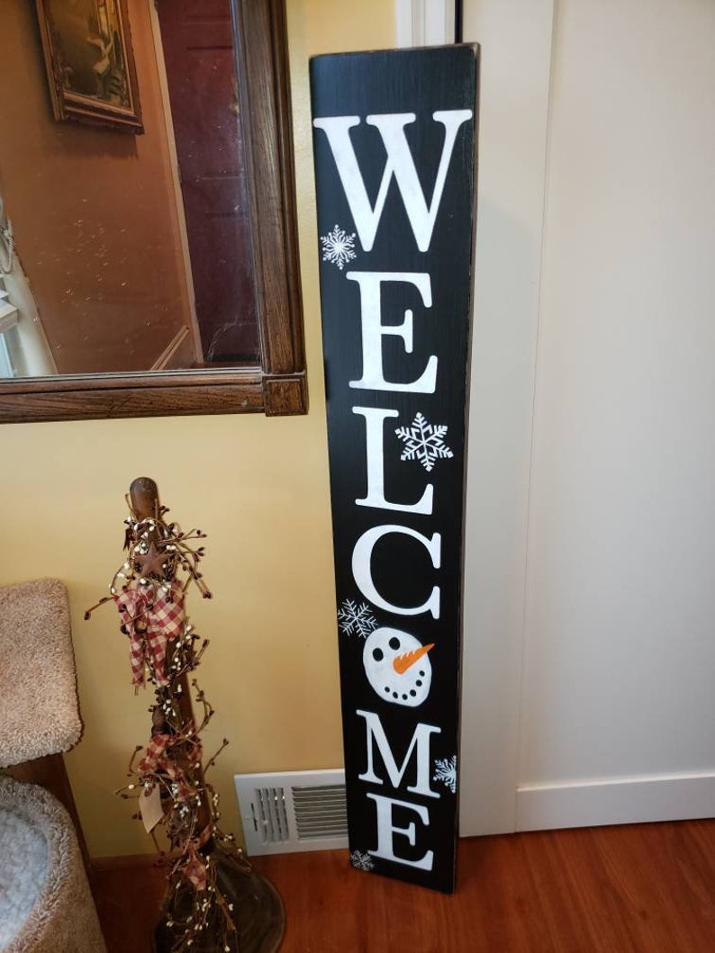 Welcome Snowman Porch Sign Reversible Entryway Wood Sign Extra Large Front Door Sign Winter Decor Christmas Decoration Snowflakes Snowman image 7