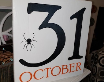 31 oktober-skylt Halloween-skylt Rustik väggbonad i trä med slitet skick Primitiv höstdekoration Bondgårdsdekoration Spöklik spindel Verandaskylt