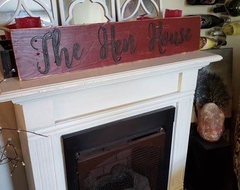 The Hen House Wood Sign Distressed Pallet Wood Wall Hanging Reclaimed Wood Rustic Rusted Metal Decor Metal Word Sign Farmhouse Chicken Decor