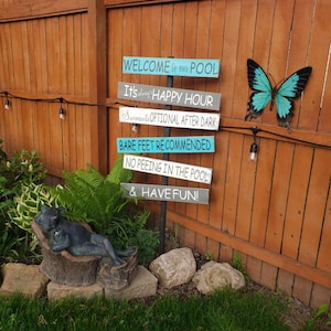 Pool Sign Pool Directional Porch Sign Cedar Wood Fun Pool Destination Yard Sign Pool Decor Welcome to our Pool Directional Sign Happy Hour