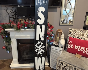 Letrero de "Let It Snow" para porche, muñeco de nieve, copo de nieve, decoración navideña, madera rústica, moderna, estilo granja, decoración invernal, porche reversible