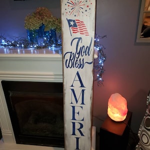 God Bless America Porch Sign Rustic Wood Sign Extra Large Pariotic Decor Land of Free Home of Brave USA Flag Red White Blue Americana