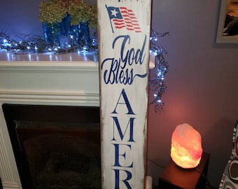 Cartello "Dio benedica l'America" per portico, cartello rustico in legno, decorazione patriottica extra large, terra dei liberi, patria dei coraggiosi, bandiera USA rossa, bianca e blu, stile americano.