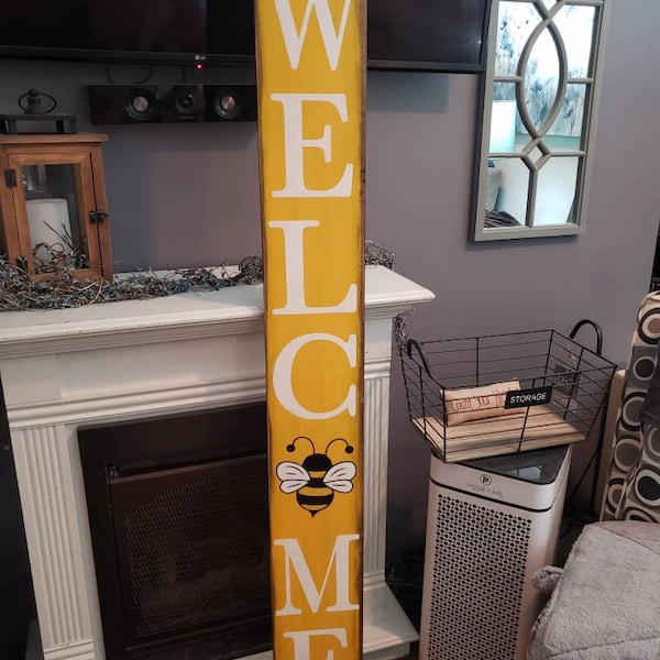 Bee Sign Welcome Porch Sign Bee Decor 5 Ft Entryway Rustic Stained Wood Large Front Door Leaner Oversized Reversible Summer Welcome Sign