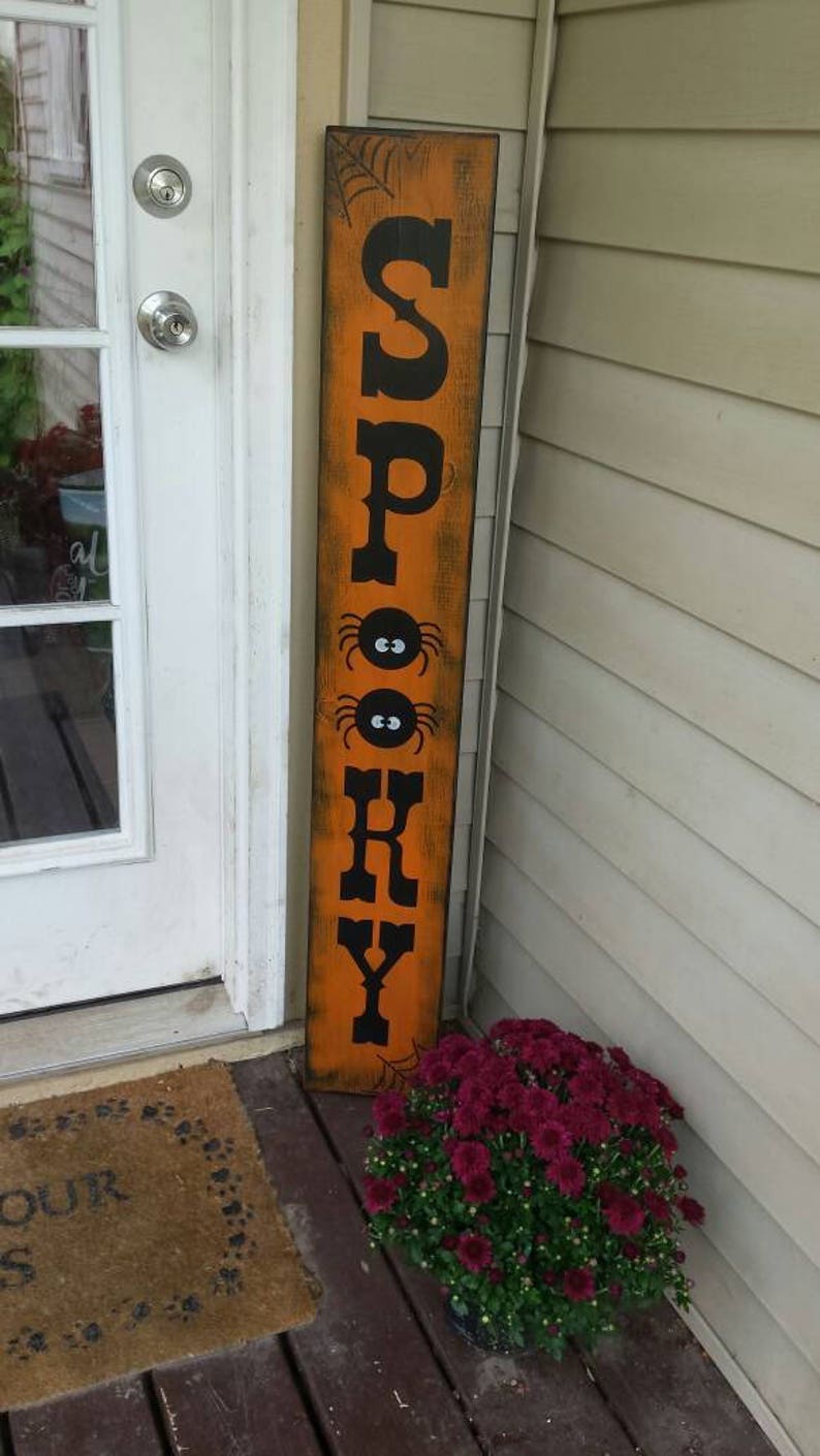 Spooky Halloween Sign Porch Sign Distressed Wood Rustic Extra Large Oversized Reversible Entryway Sign Spider Web Halloween Decor Fall Sign image 1