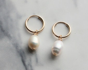 Small elongated pearl hoop earrings, dainty earrings, tiny hoop