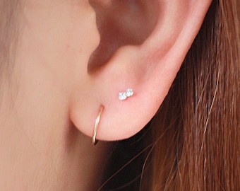 Tiny double diamond crystal earrings/ nose studs, sterling silver studs, tiny studs