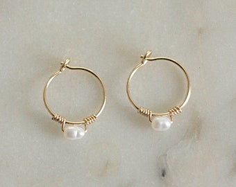 Tiny pearl hoop earrings, dainty gold earrings