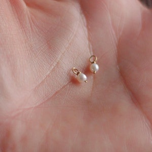 Può includere: Due piccoli orecchini d'oro, ciascuno con una singola perla bianca e rotonda. Gli orecchini sono presentati su una superficie chiara, evidenziando la loro semplice eleganza e il design classico. Gli orecchini sono piccoli e leggeri.