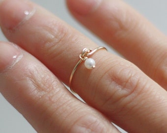 Dainty dangle pearl ring, dainty ring, gold-filled ring