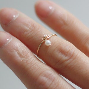 Dainty dangle pearl ring, dainty ring, gold-filled ring