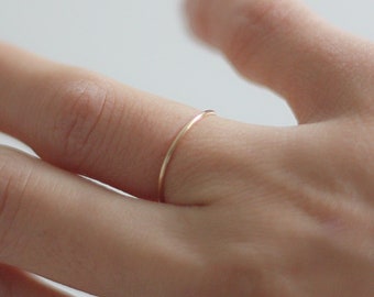 May include: A delicate, thin gold ring is worn on a finger. The ring is a simple band, appearing to be made of polished metal. The background is a soft, neutral tone, highlighting the jewelry.