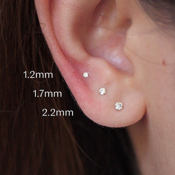 Boucles d'oreilles / clous de nez en microcristaux et diamants super minuscules 1,2 mm 1,7 mm, 2,2 mm, petits clous délicats
