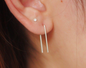 Rectangle ear threader, dainty staple earrings