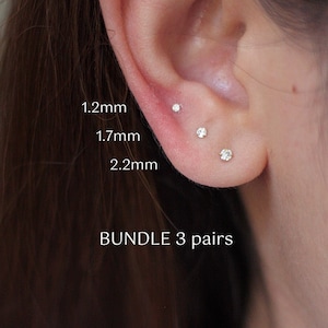 BUNDLE 3 pairs - Super tiny micro crystal diamond earring/ nose stud 1.2mm 1.7mm sterling silver/gold, dainty earrings, stud earrings
