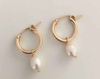 Small pearl hoop earrings, thick gold hoops