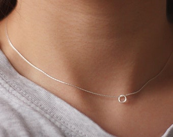 Super fine dainty choker with tiny circle, sterling silver necklace