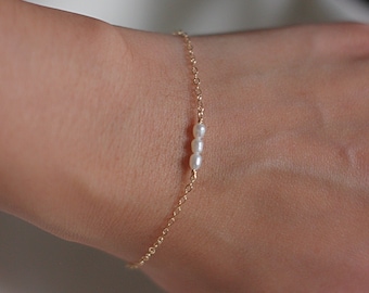 Dainty gold tiny oval pearl bracelet - 1 - 2 - 3 rice pearls