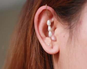 Oval pearls ear pin hook, pearl ear cuff