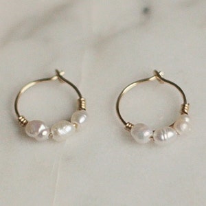 Tiny pearl hoop earrings, dainty gold earrings