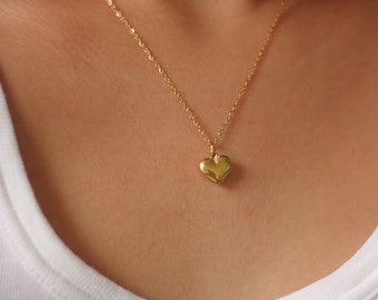 Collana con cuore gonfio in oro massiccio - ciondolo a forma di cuore gonfio, chiusura a levetta, collana con cuore grande, regalo per donna e moglie